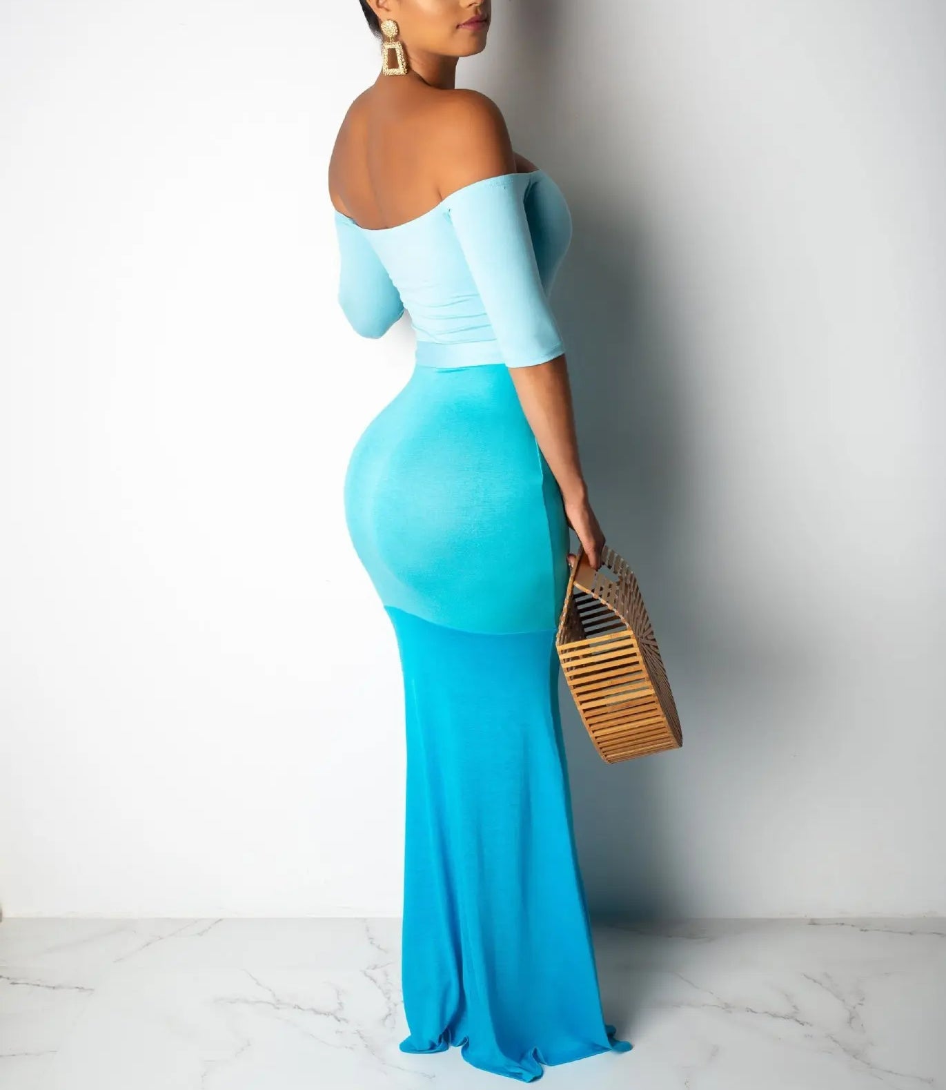 Women's Off Shoulder Bodycon Color Block Sexy Long Maxi Dress (Buy 2 Free Shipping)