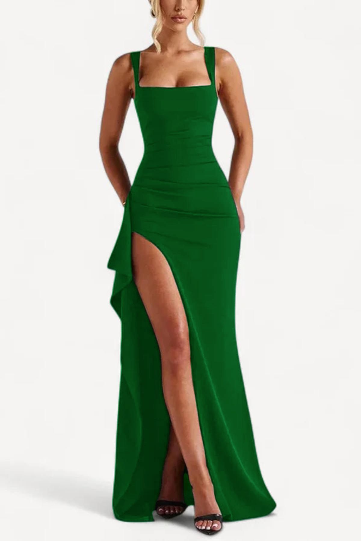 Women's Elegant Square Neck Bodycon High Split Ruched Formal Dress