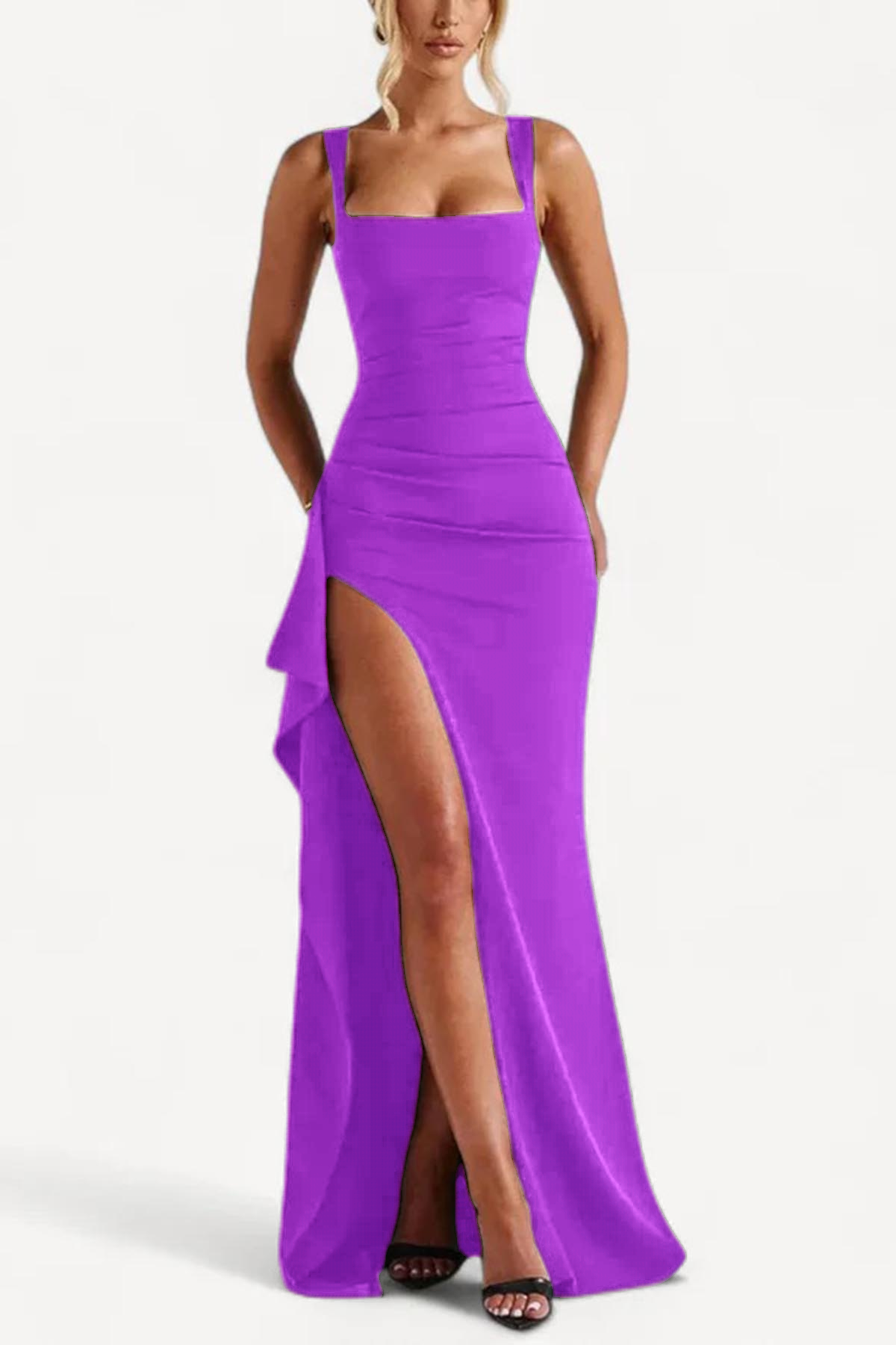Women's Elegant Square Neck Bodycon High Split Ruched Formal Dress