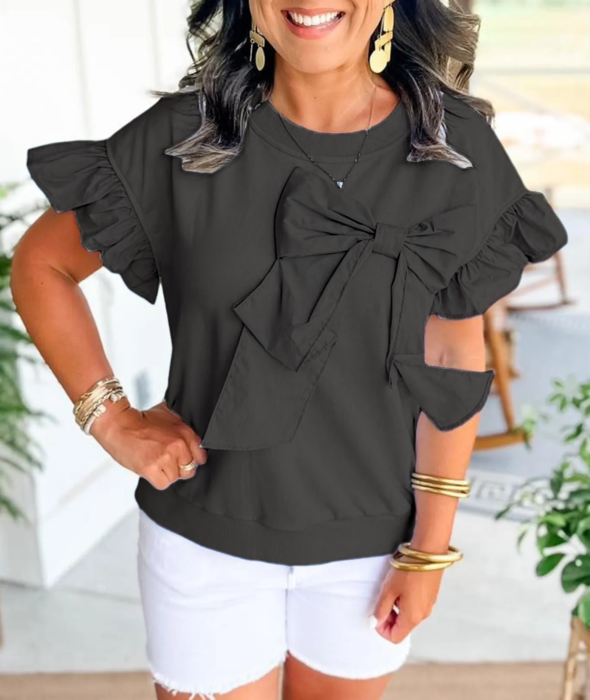 Limited time sale🔥 Contrast Ribbon Bow Ruffle Sleeve Top