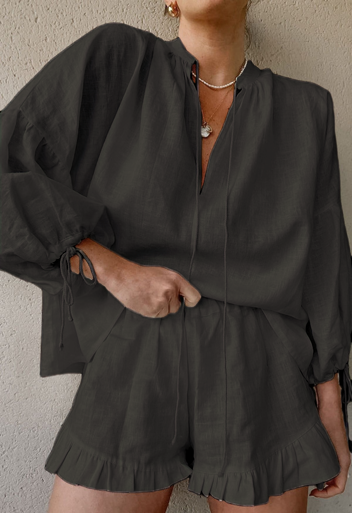 Women's Lantern Sleeve Drawstring Shirt and Shorts Set