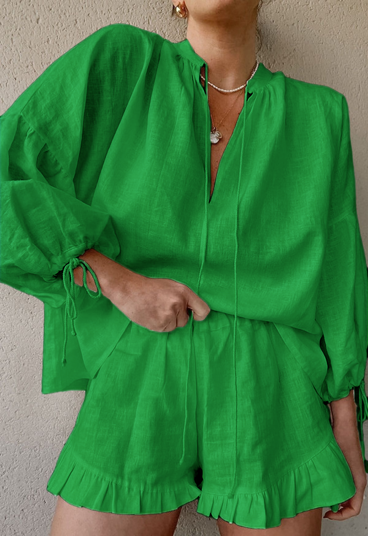 Women's Lantern Sleeve Drawstring Shirt and Shorts Set