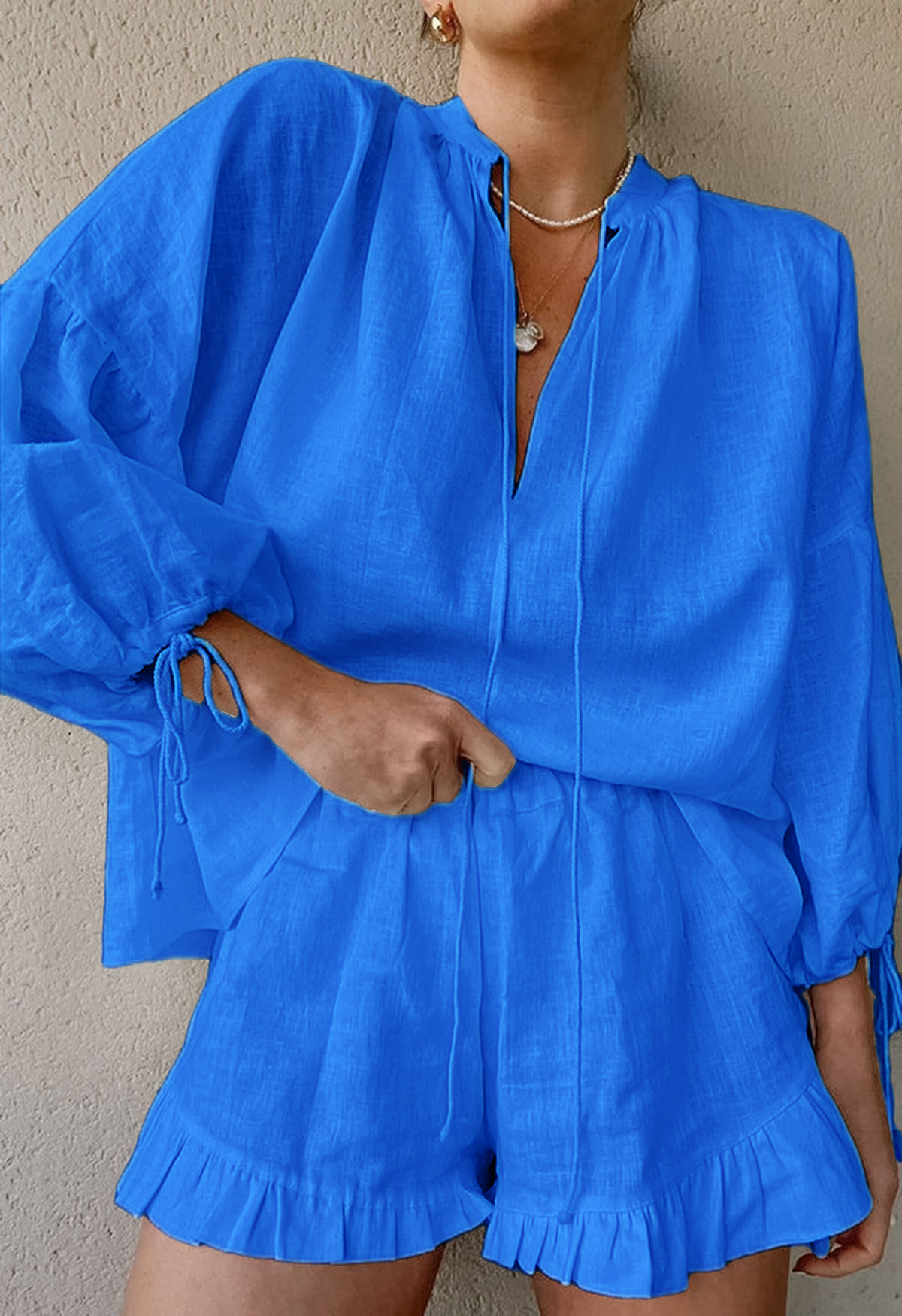 Women's Lantern Sleeve Drawstring Shirt and Shorts Set