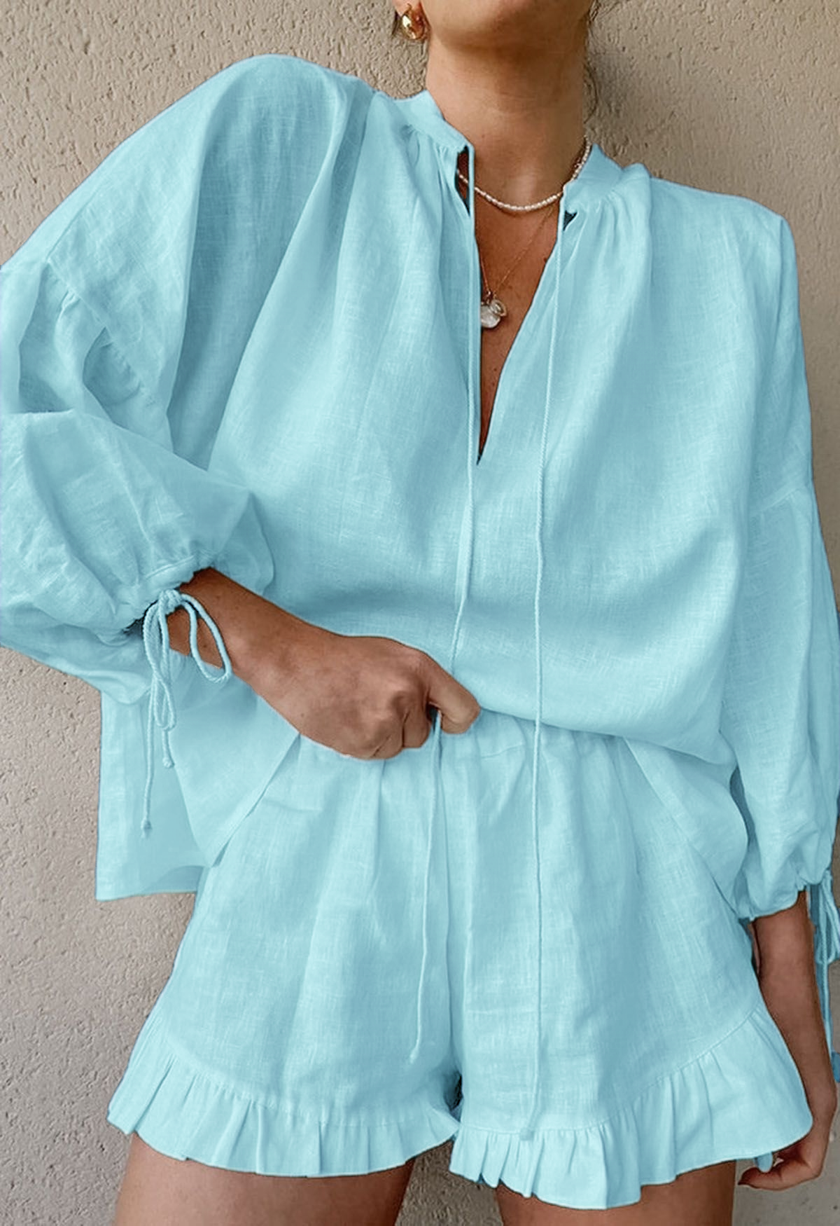 Women's Lantern Sleeve Drawstring Shirt and Shorts Set