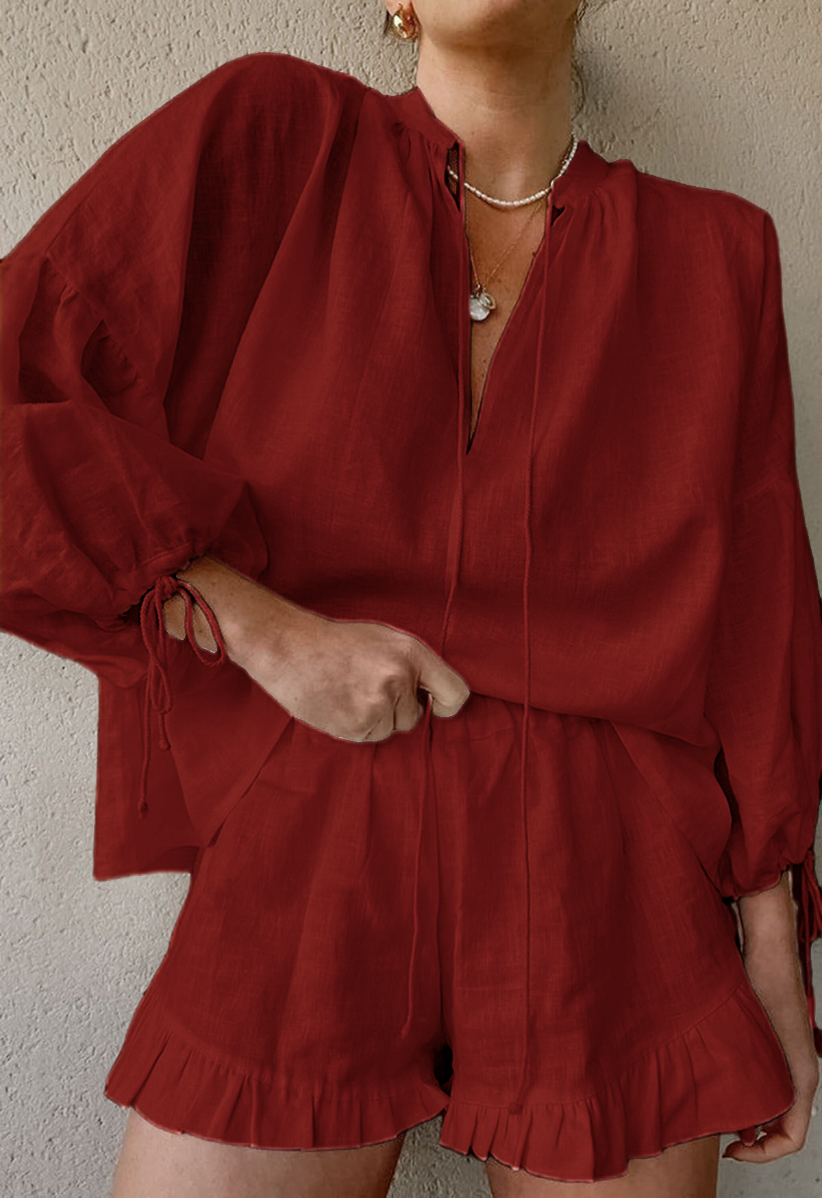 Women's Lantern Sleeve Drawstring Shirt and Shorts Set