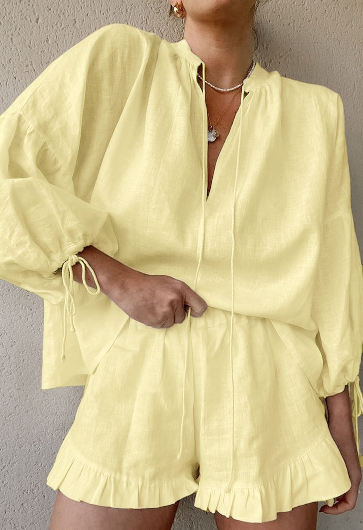 Women's Lantern Sleeve Drawstring Shirt and Shorts Set