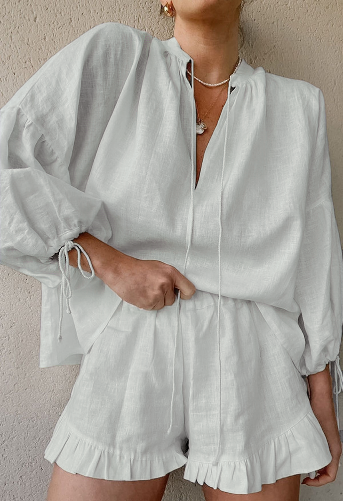 Women's Lantern Sleeve Drawstring Shirt and Shorts Set