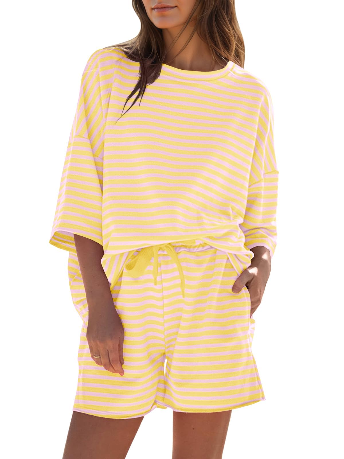 ⏰Hot Sale-Womens Striped 3/4 Sleeve Oversized Tops High Waisted Shorts Casual Lounge Sets