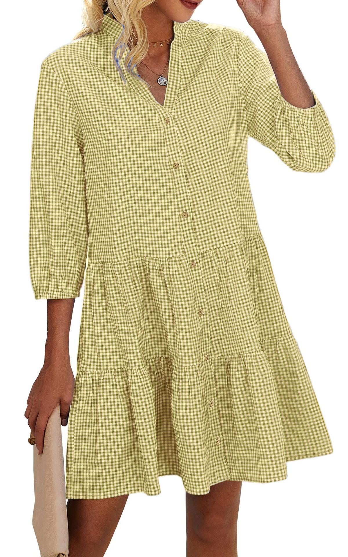 Limited time sale🔥Women's Button Down 3/4 Sleeve Gingham Shirt Dress