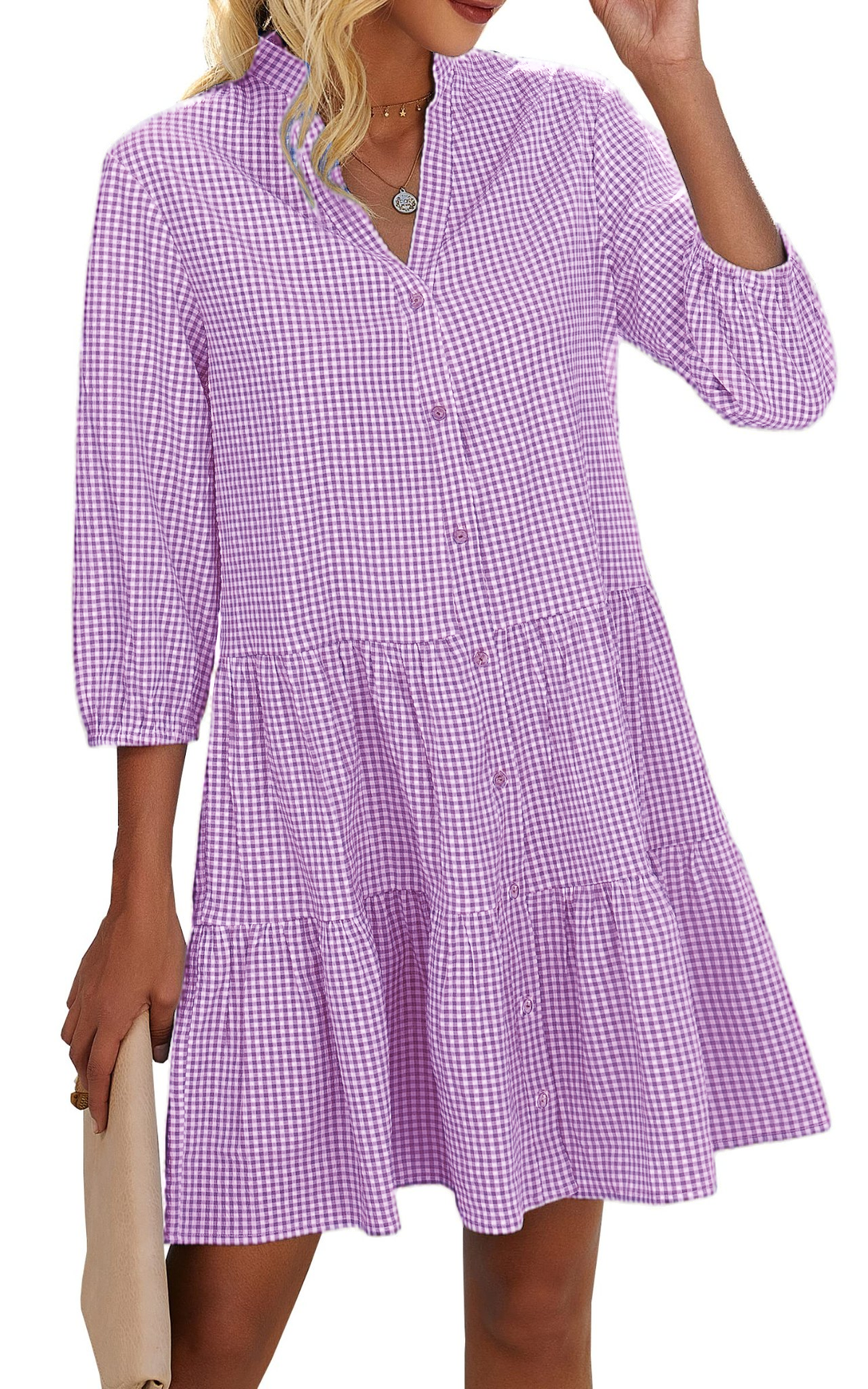 Limited time sale🔥Women's Button Down 3/4 Sleeve Gingham Shirt Dress