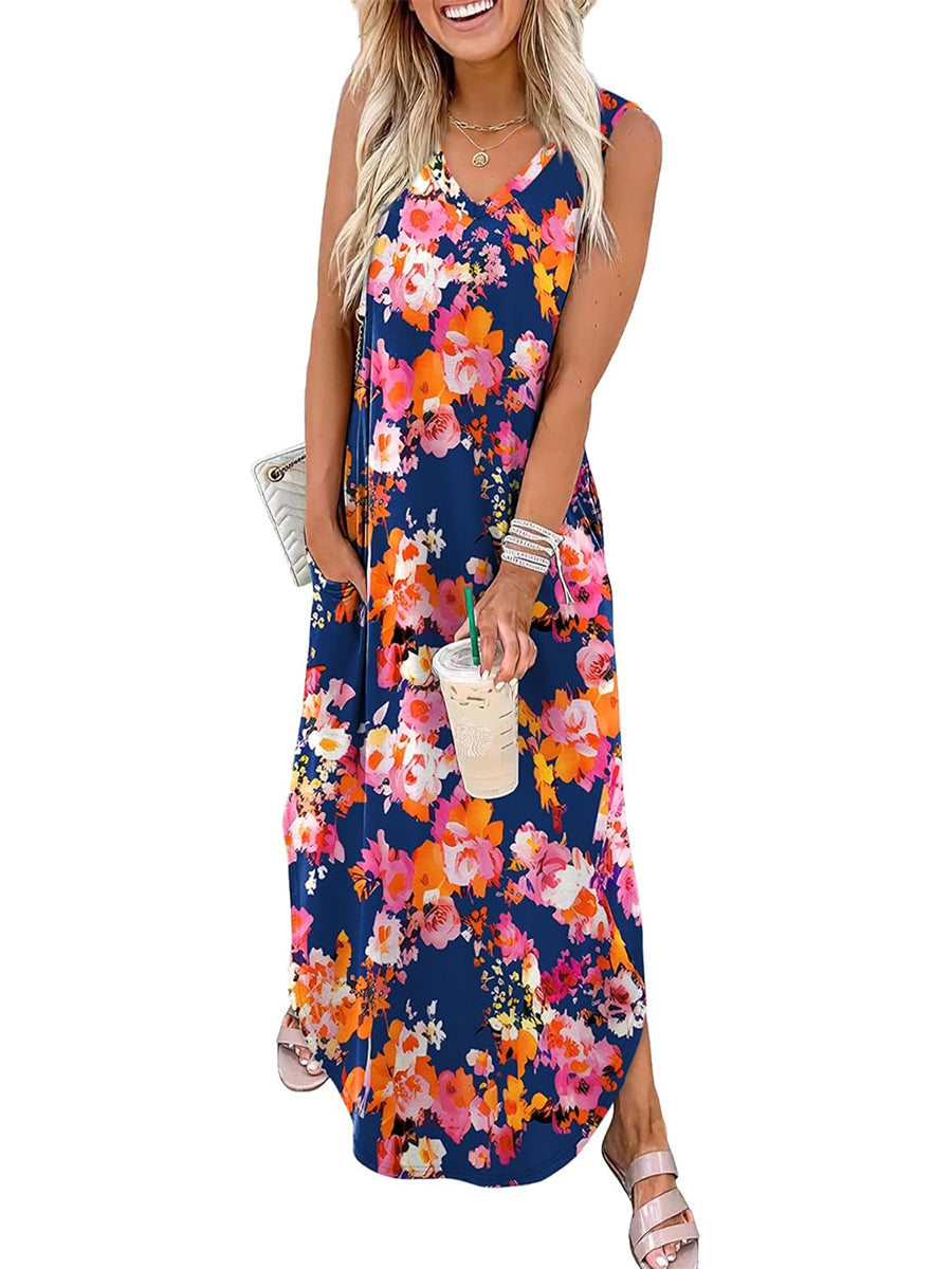 Limited time sale🔥Women's Boho Print V Neck Split Tank Long Dress with Pockets