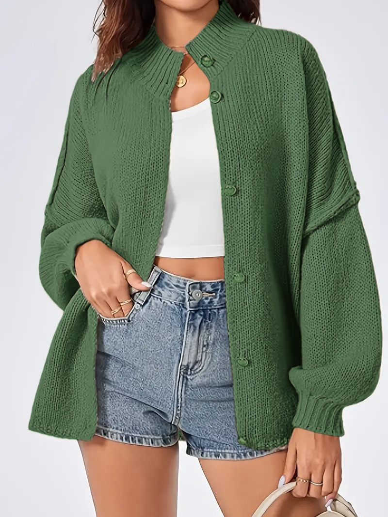 Women Thermal Stand Collared Open Front Cardigan Fall Oversized Button Down Sweater Jacket