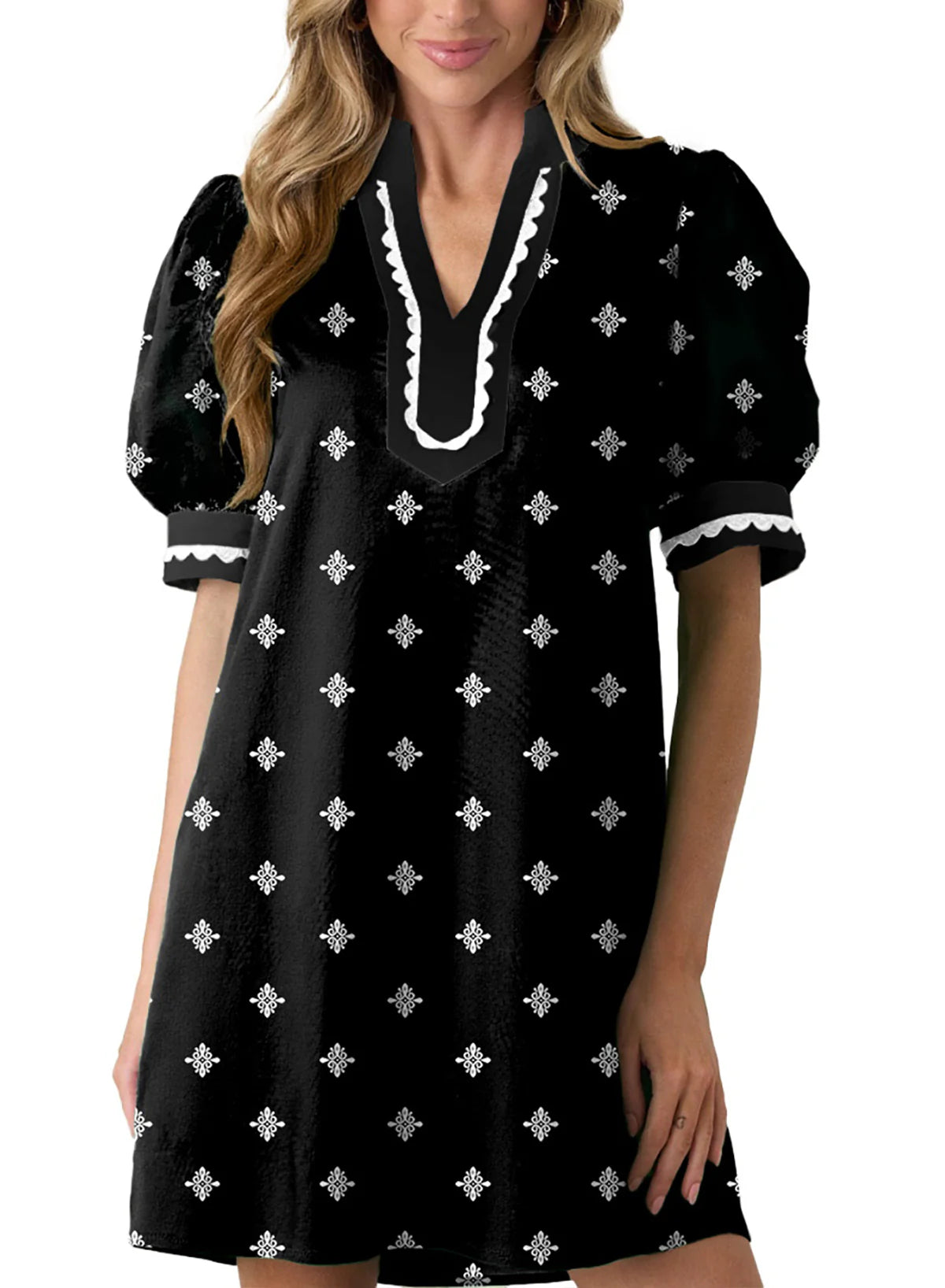 Limited time sale🔥Women's Floral Print V Neck Ricrac Trim Puff Sleeve Dress