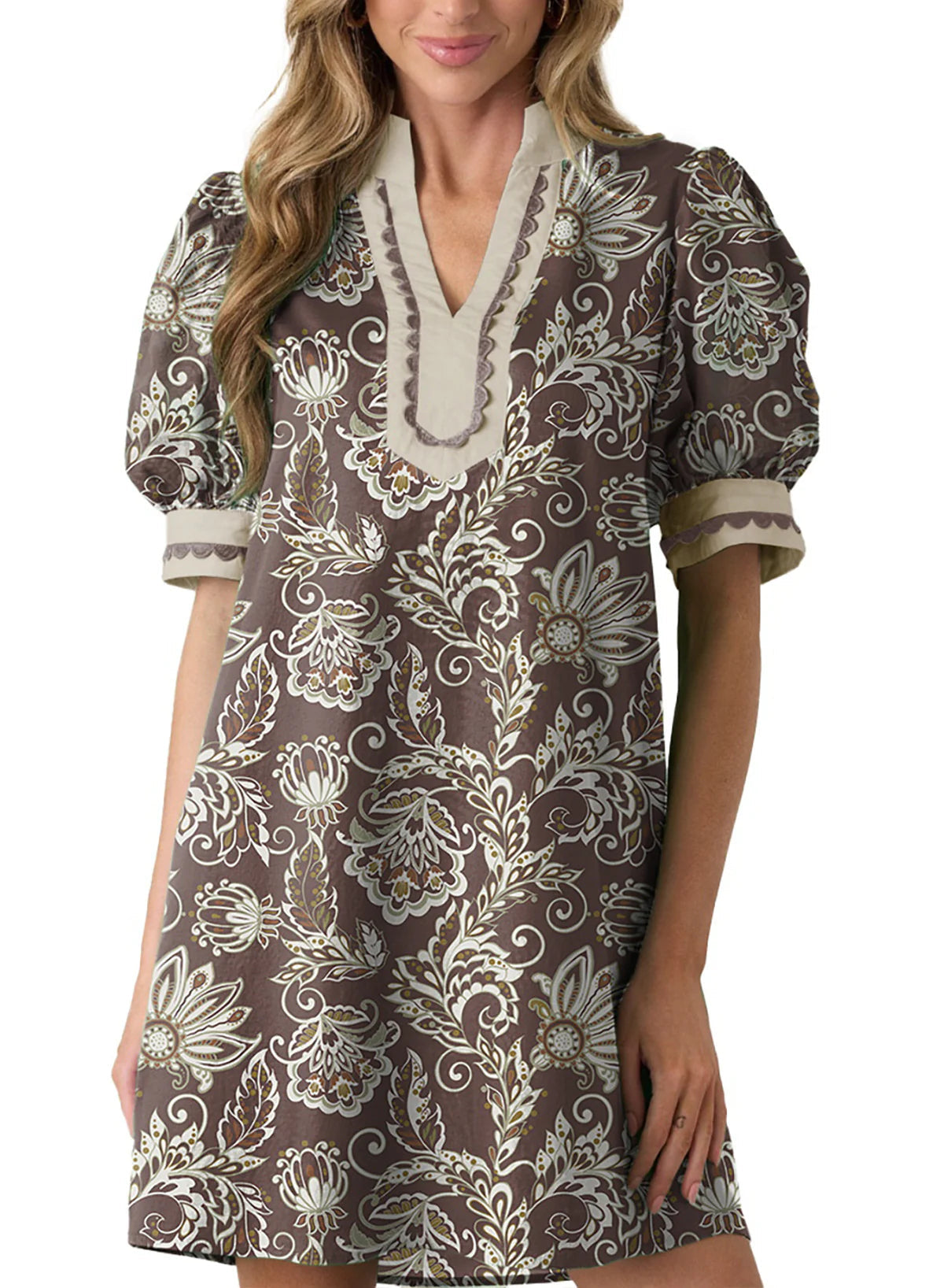 Limited time sale🔥Women's Floral Print V Neck Ricrac Trim Puff Sleeve Dress