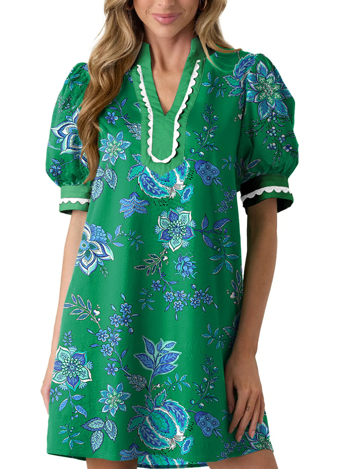 Limited time sale🔥Women's Floral Print V Neck Ricrac Trim Puff Sleeve Dress