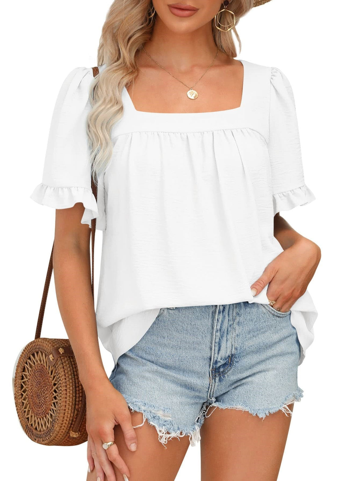 Limited time sale🔥Women's Sqaure Neck Ruffle Sleeve Blouses Peplum Tops
