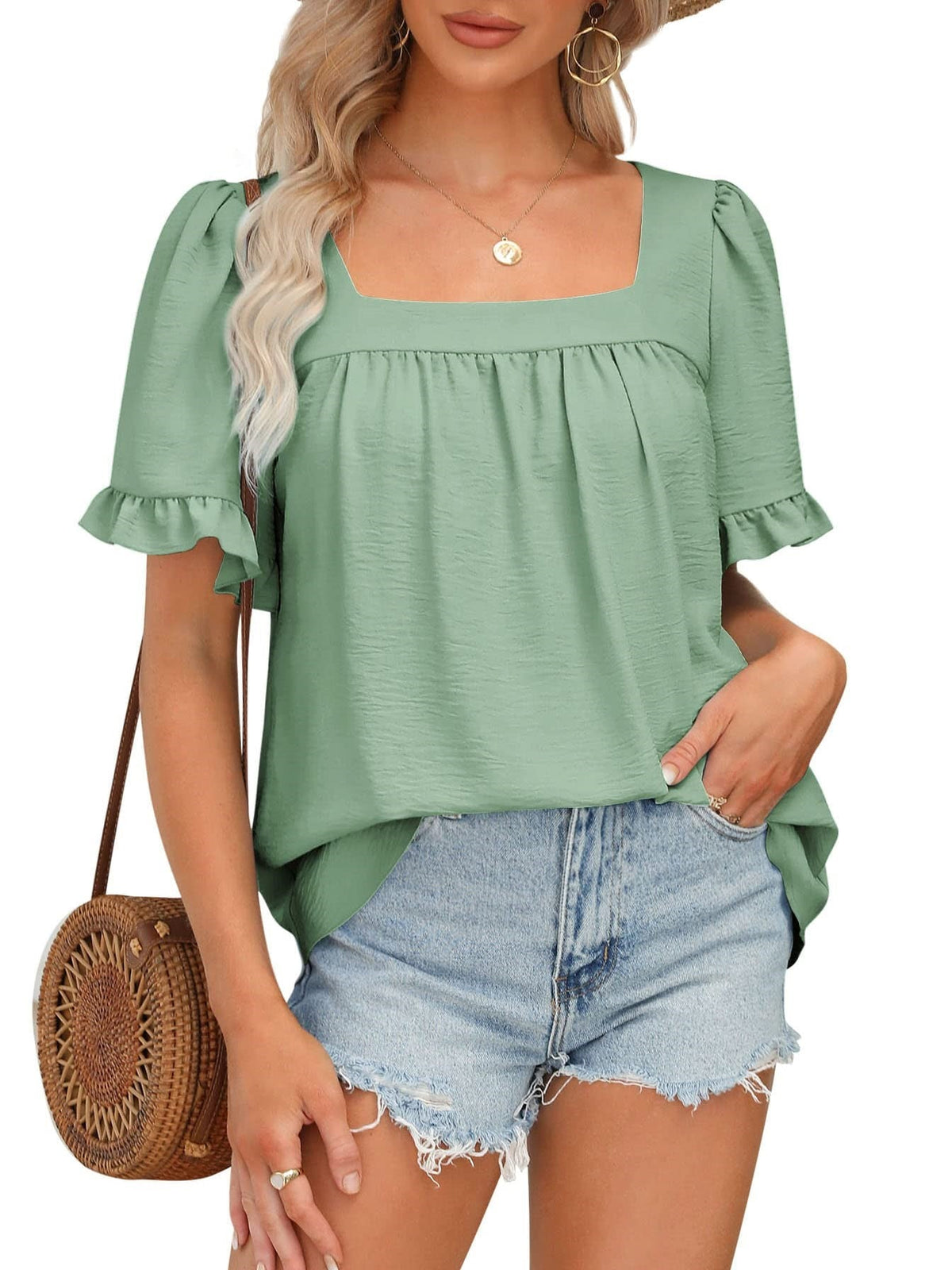 Limited time sale🔥Women's Sqaure Neck Ruffle Sleeve Blouses Peplum Tops