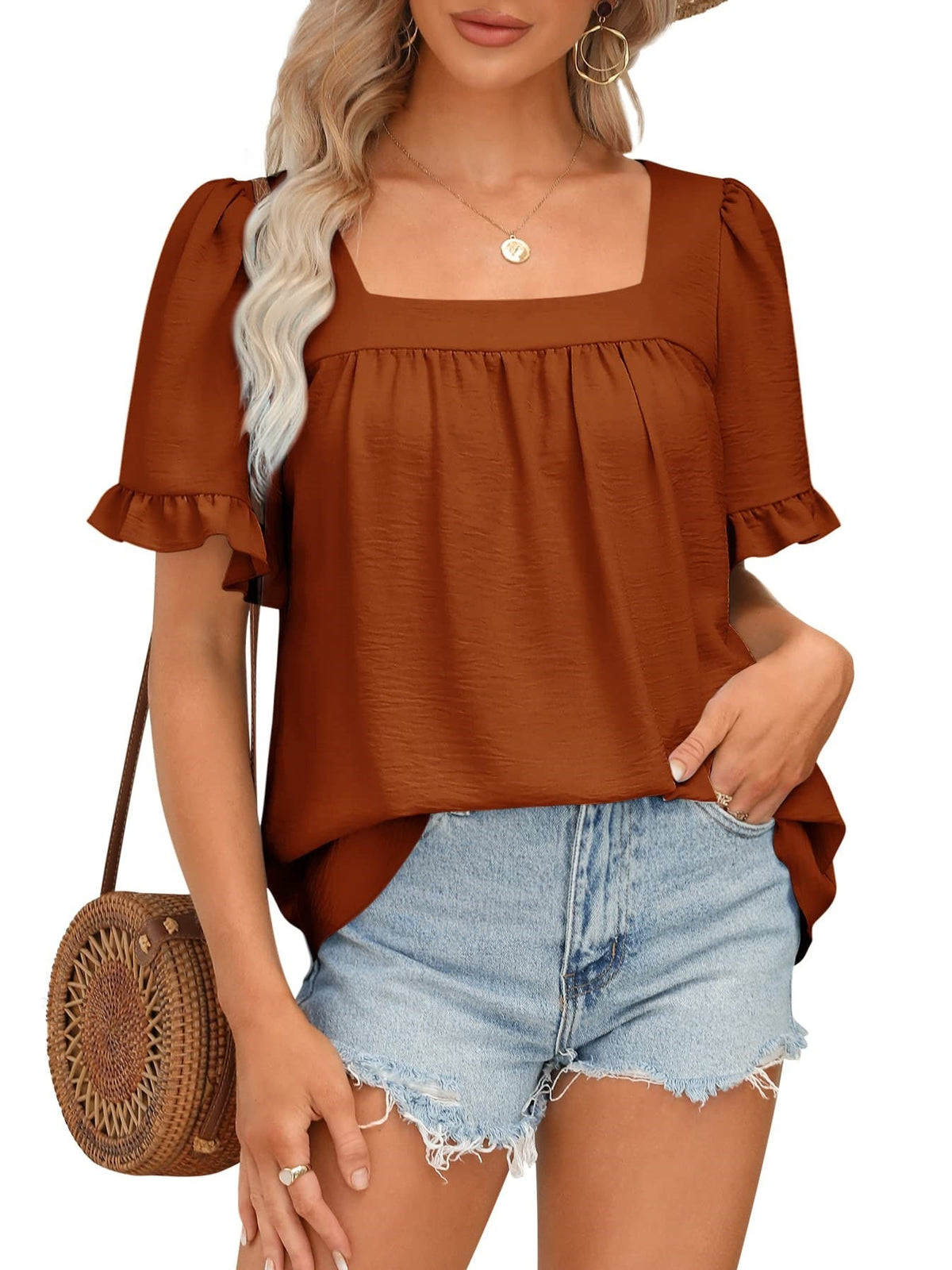 Limited time sale🔥Women's Sqaure Neck Ruffle Sleeve Blouses Peplum Tops