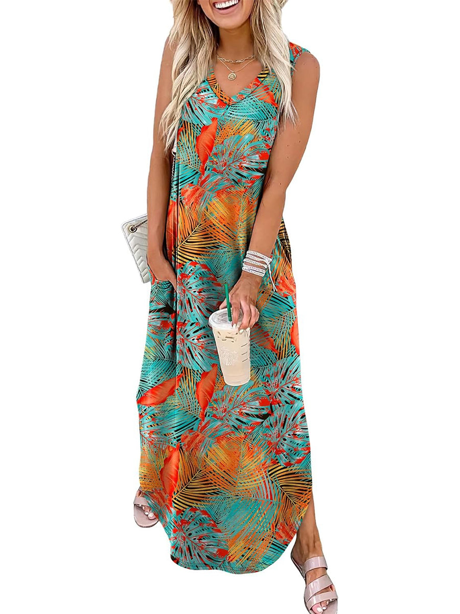 Limited time sale🔥Women's Boho Print V Neck Split Tank Long Dress with Pockets