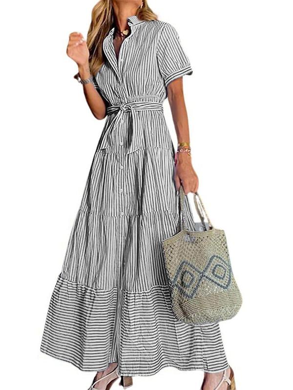 Limited time sale🔥Women Button Down Striped Dress Lapel Collar Short Sleeve Dresses