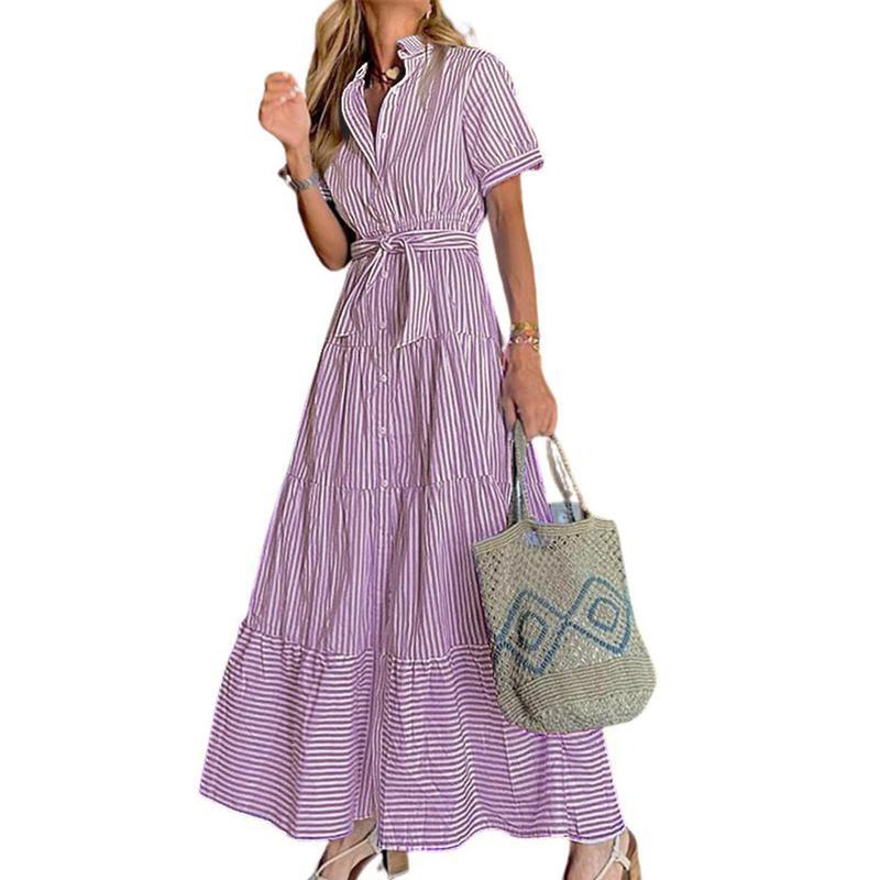 Limited time sale🔥Women Button Down Striped Dress Lapel Collar Short Sleeve Dresses