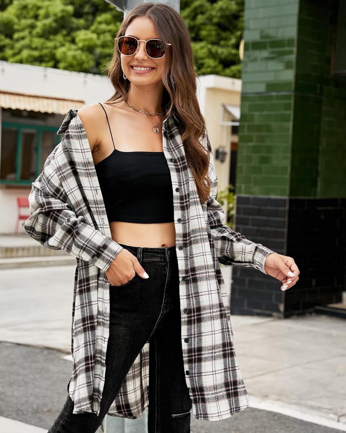 Limited time sale 🔥Women's Flannel Shirts Plaid Shacket Collared Long Jacket Coats