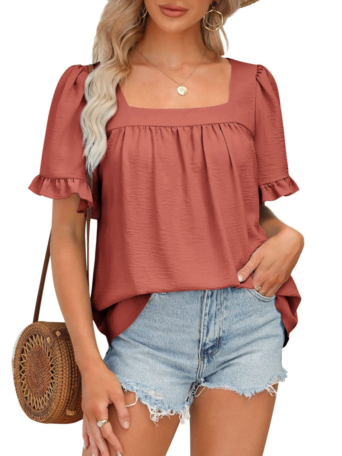 Limited time sale🔥Women's Sqaure Neck Ruffle Sleeve Blouses Peplum Tops