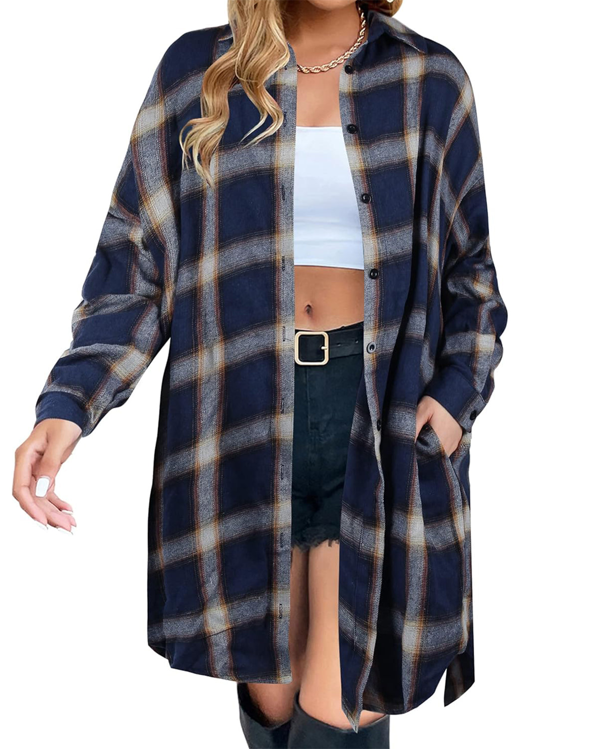 Women's Button Down Flannel Shirts Plaid Shacket Collared Long Jacket Coats