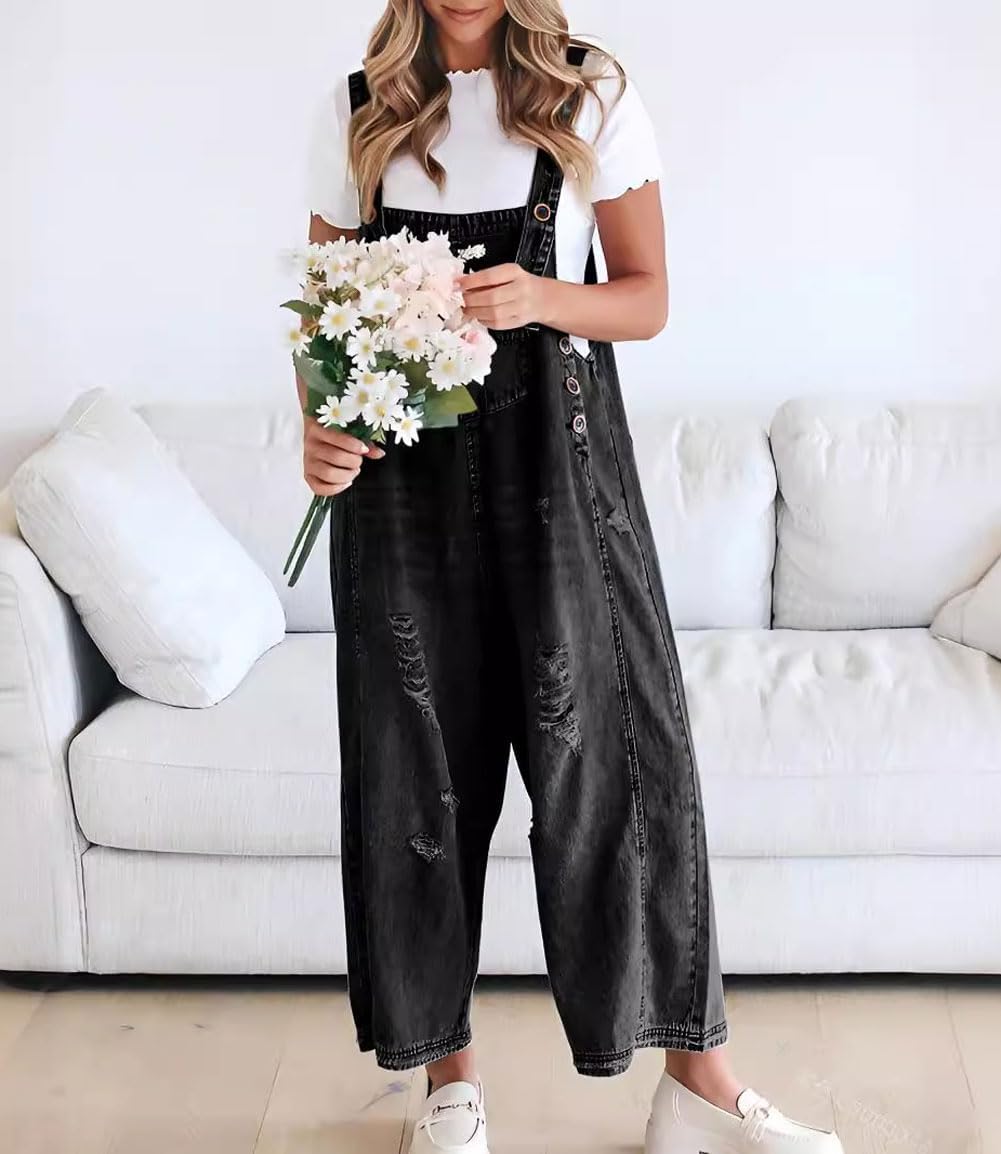 Limited time sale🔥Women's Cute Casual Button Jumpsuit Ripped Denim Overalls