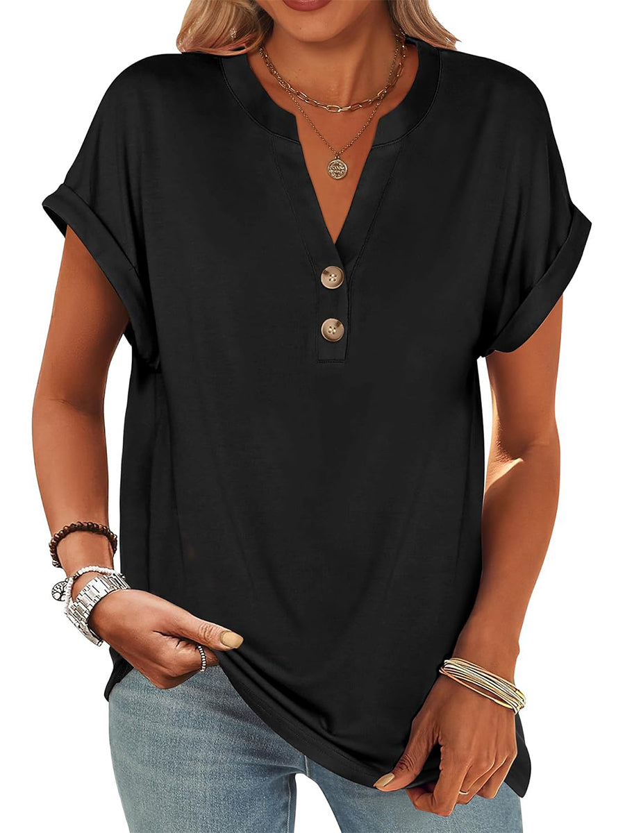 Limited time sale🔥Women's V Neck Button Casual Loose Fit Short Sleeve Henley Tops