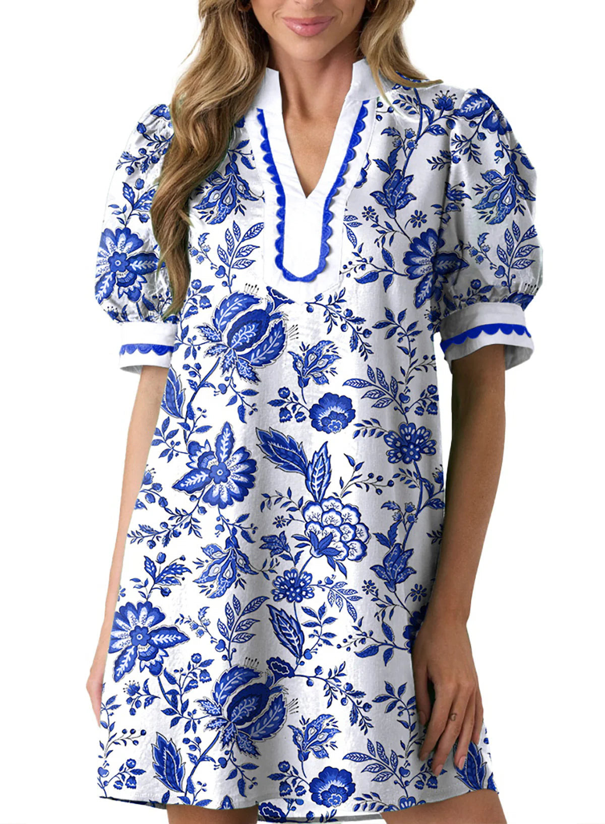 Limited time sale🔥Women's Floral Print V Neck Ricrac Trim Puff Sleeve Dress