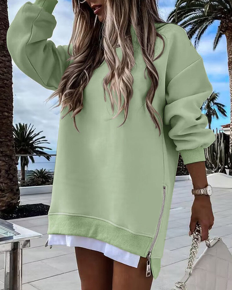 Limited time sale🔥Women’s Long Sleeve Pullover Sweatshirt Zipper Slit Casual Dress