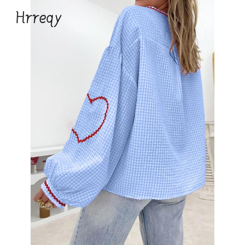 Women Long Sleeve Shirts Heart Embroidery Plaid Front Bowknot Tie-Up Blouses