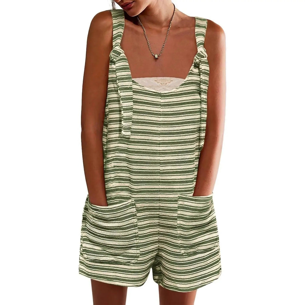 Summer Casual Sleeveless Striped Romper – Loose Overalls Jumpsuit with Pockets
