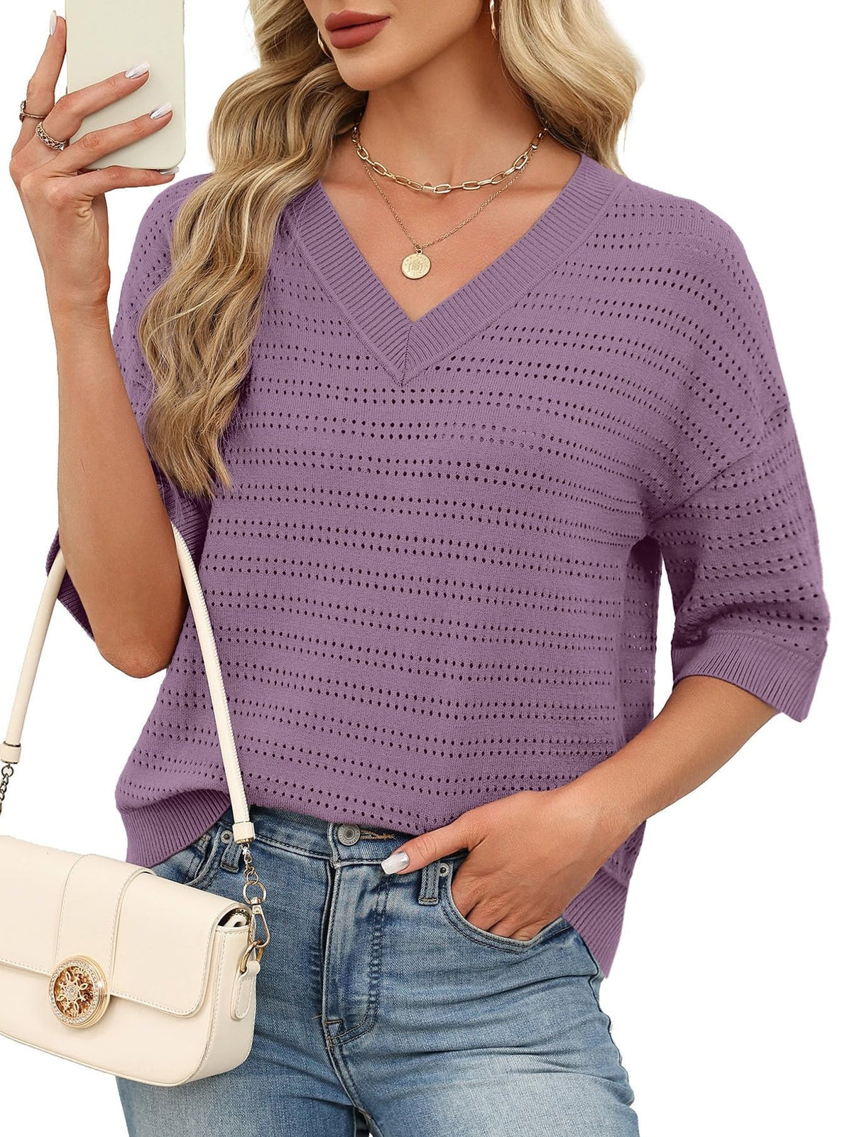 Oversized 3/4 Length Sleeve Womens Sweaters V Neck Cute Crochet Blouses