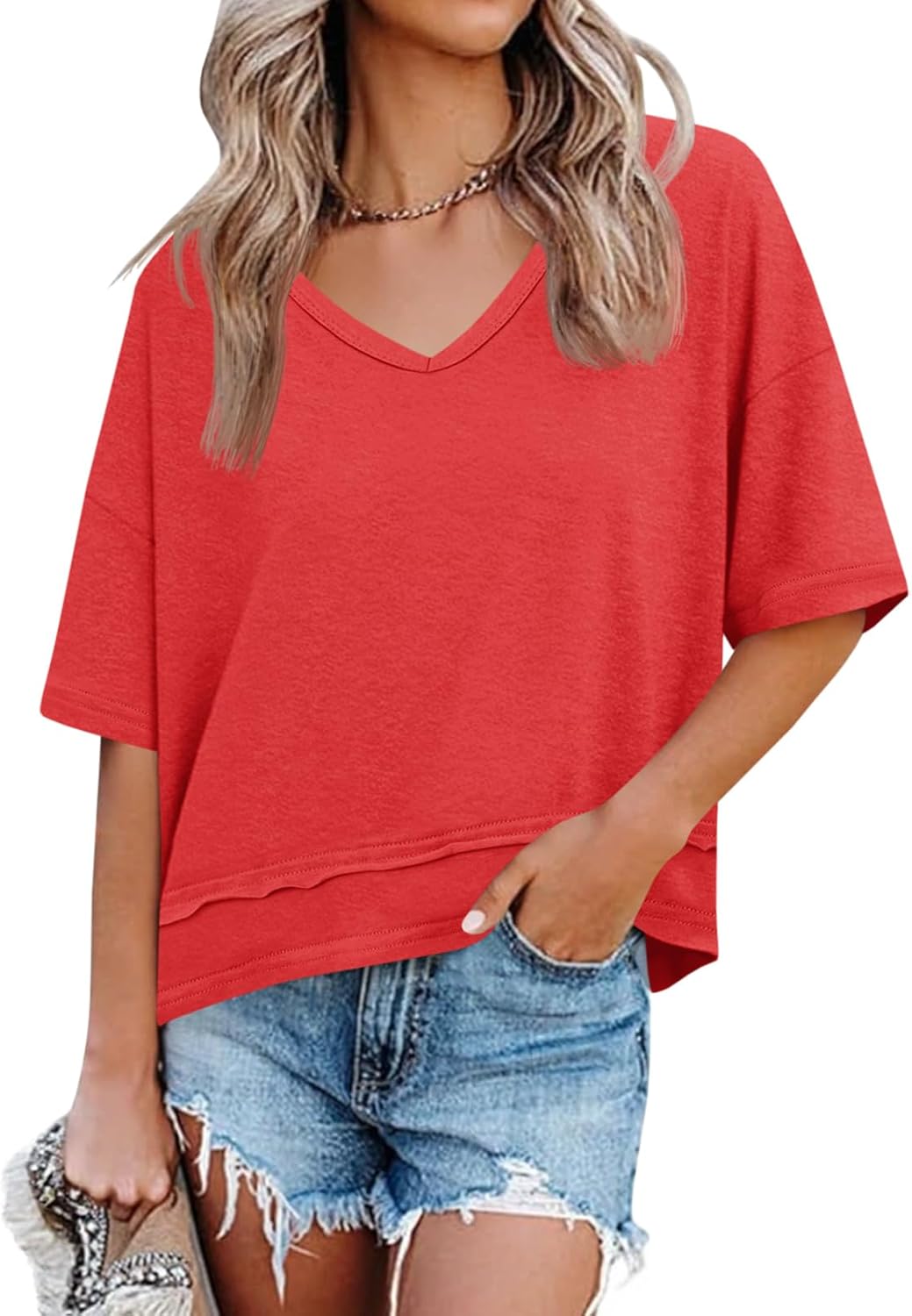 Limited time sale🔥Women's V-neck Mid-length Sleeve Spliced Hem Basic Top