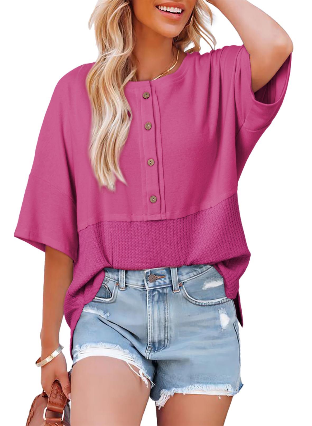 Limited time sale🔥Women's 3/4 Sleeve Casual Button Down Waffle Knit Tops
