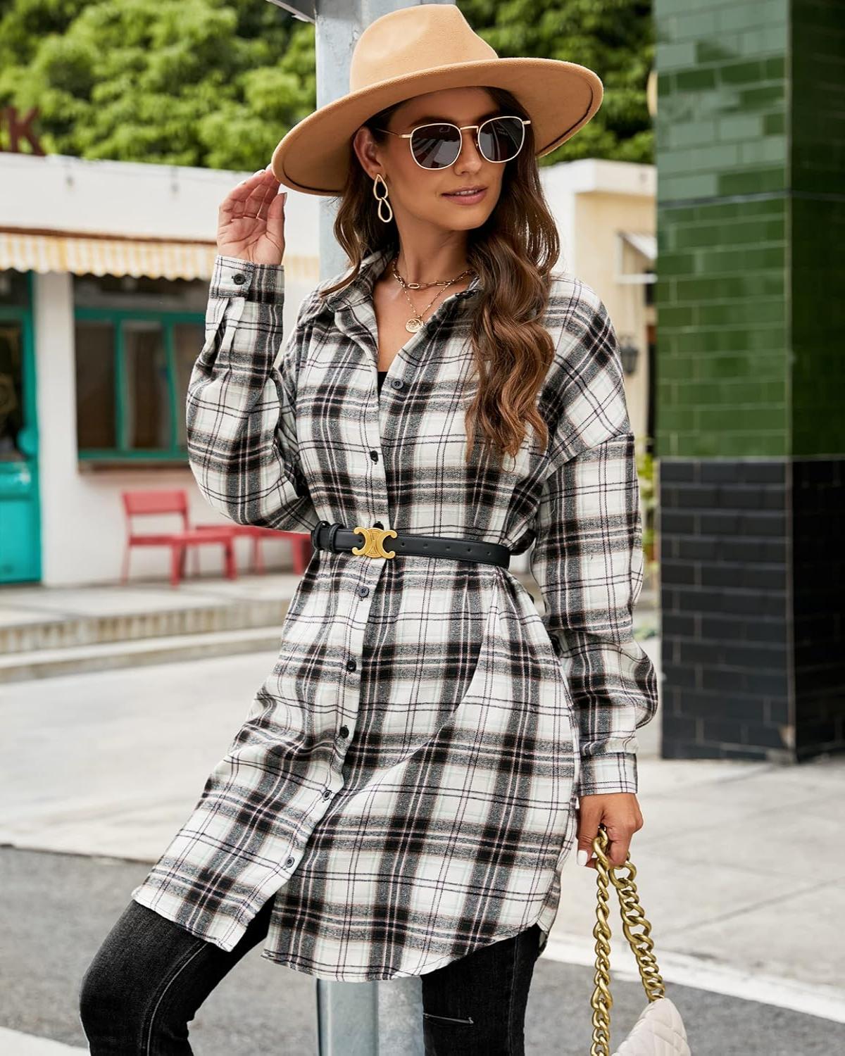 Women's Button Down Flannel Shirts Plaid Shacket Collared Long Jacket Coats