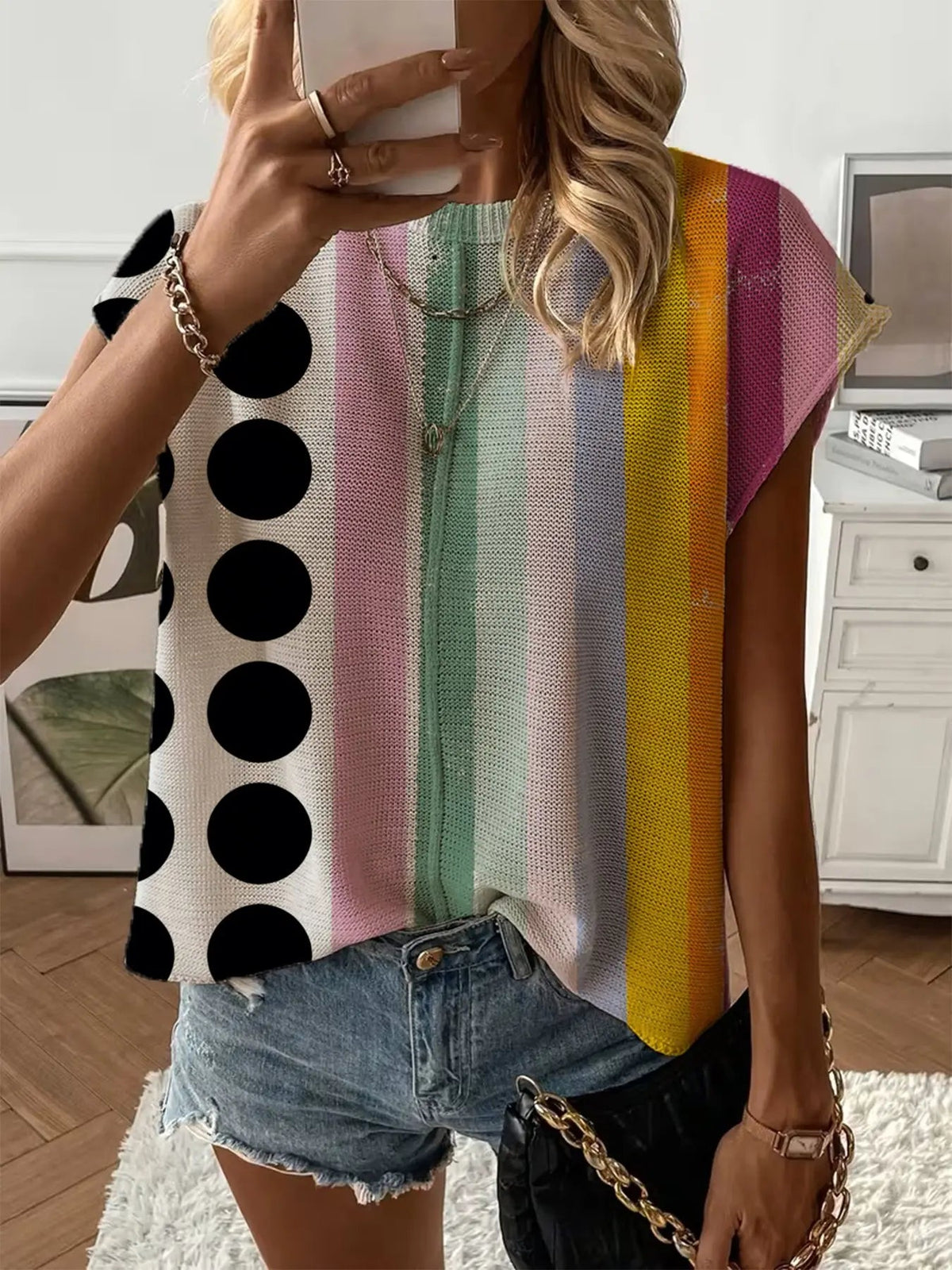 Women's Crew Neck Drop-shoulder Loose Fit Contrast Splicing Print Knit Top