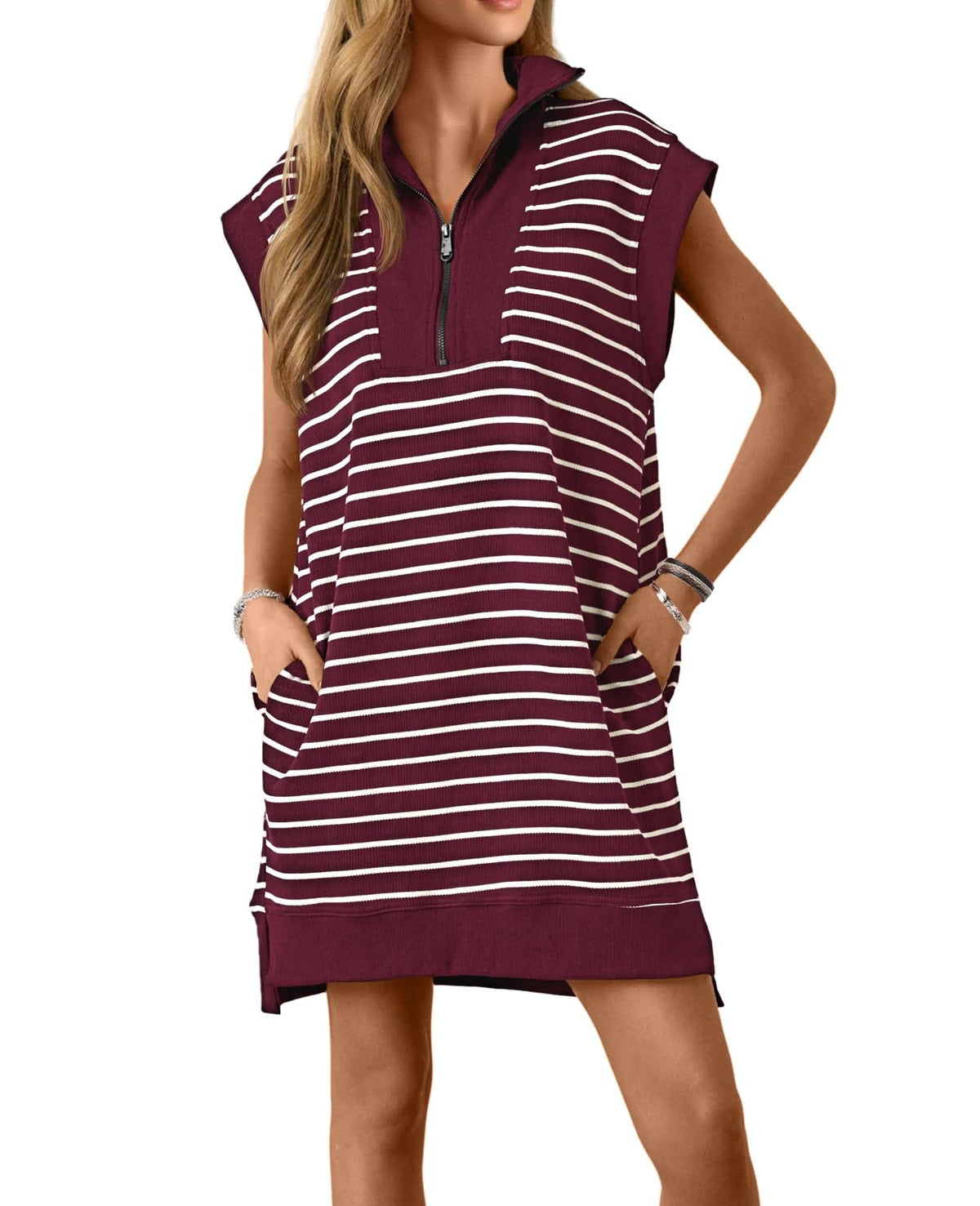 Limited time sale🔥Women's Striped Casual Zipper Cap Sleeve Mini Dress