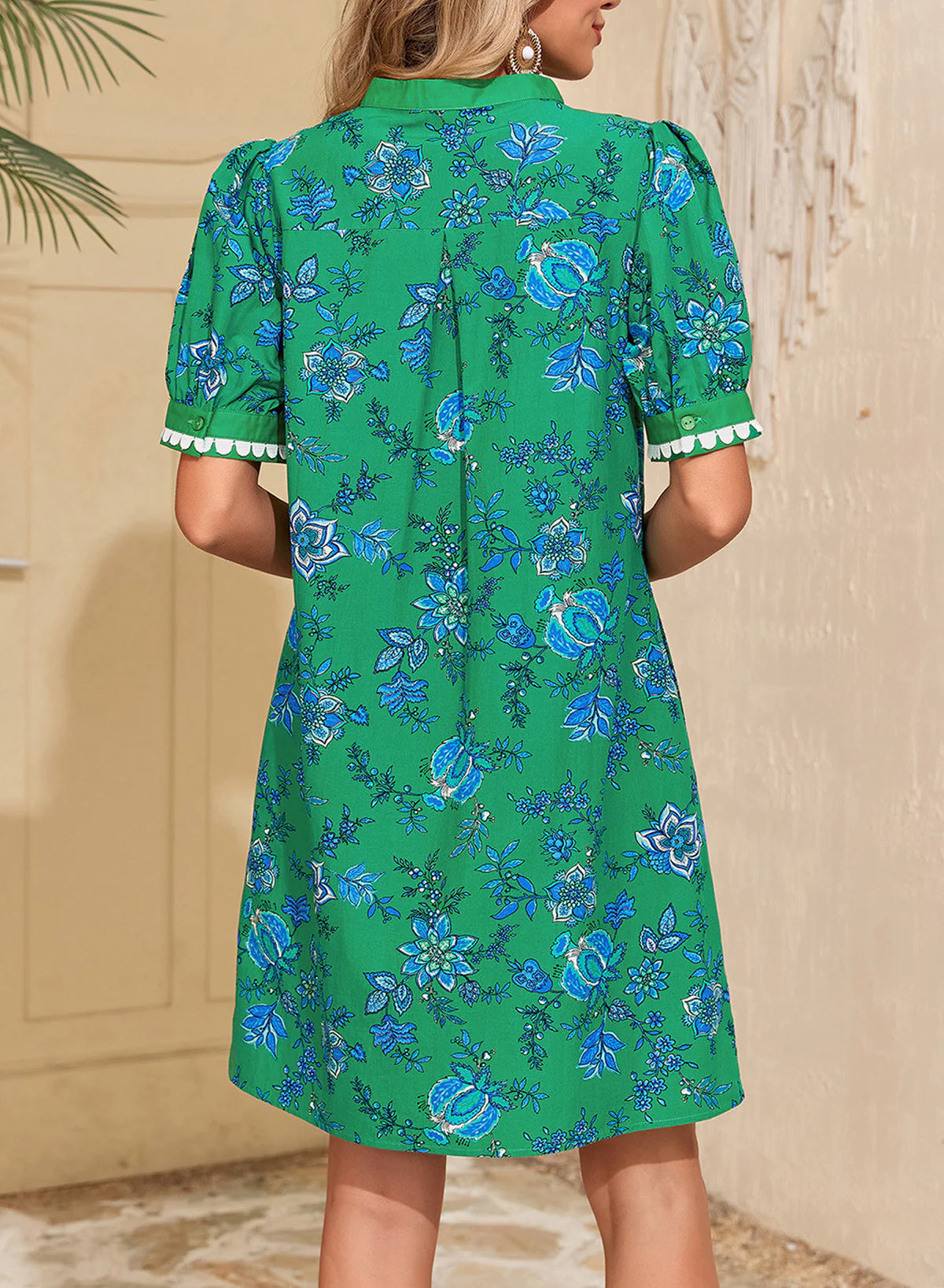 Limited time sale🔥Women's Floral Print V Neck Ricrac Trim Puff Sleeve Dress