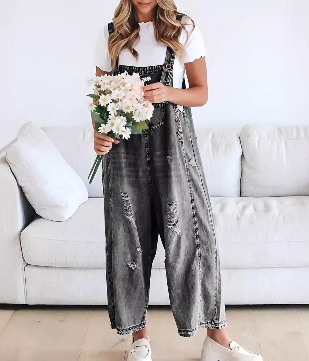 Limited time sale🔥Women's Cute Casual Button Jumpsuit Ripped Denim Overalls