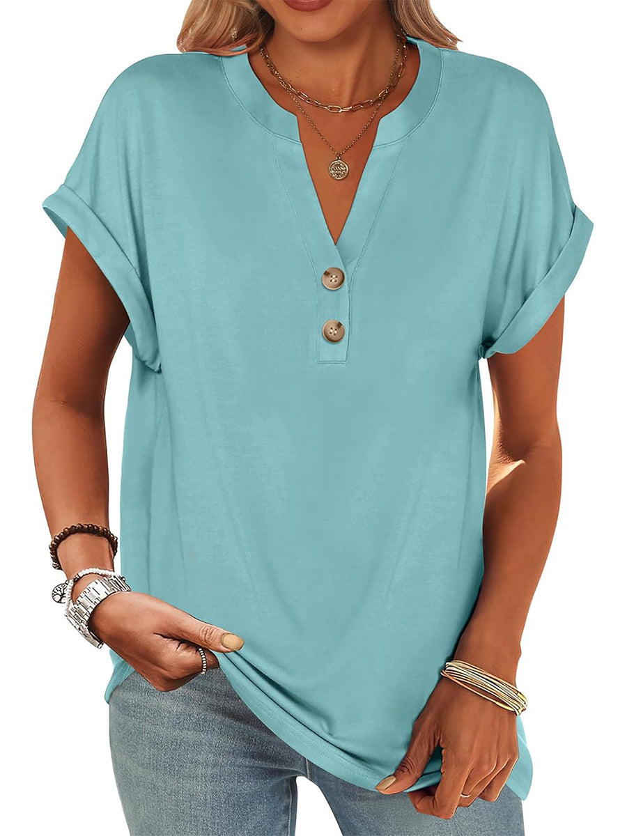 Limited time sale🔥Women's V Neck Button Casual Loose Fit Short Sleeve Henley Tops