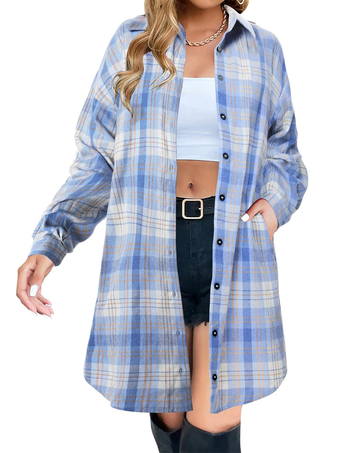 Women's Button Down Flannel Shirts Plaid Shacket Collared Long Jacket Coats