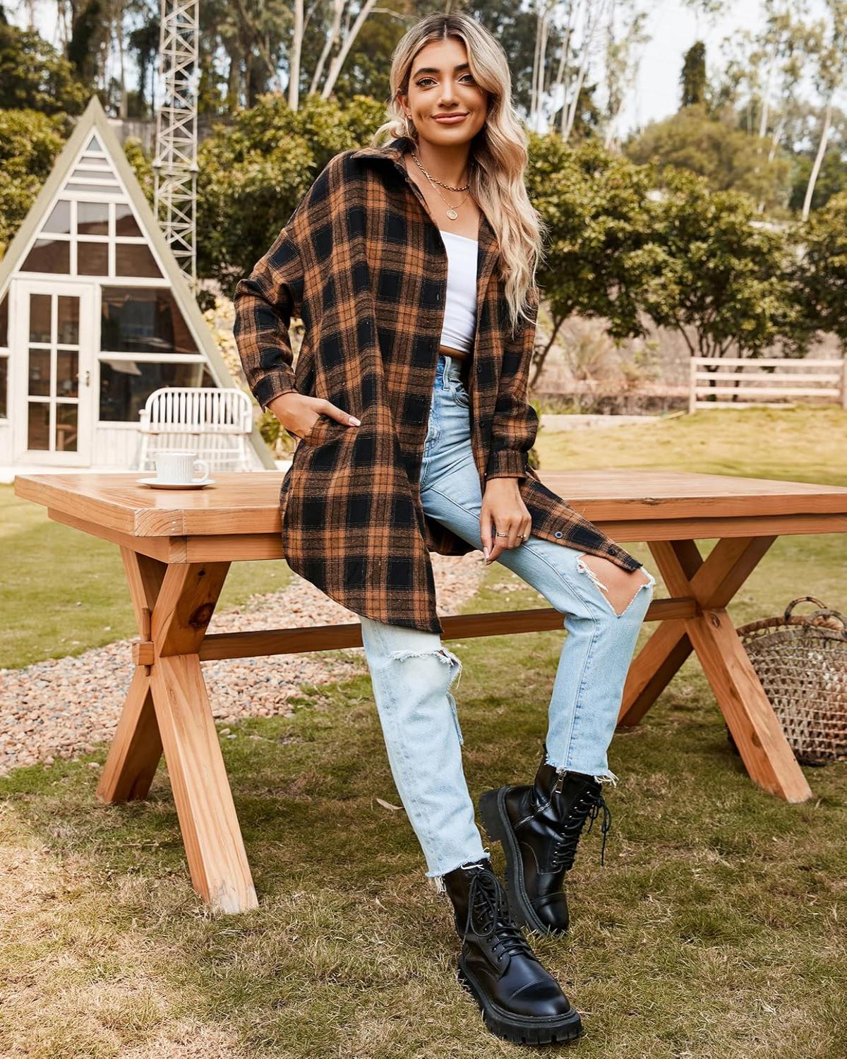 Women's Button Down Flannel Shirts Plaid Shacket Collared Long Jacket Coats