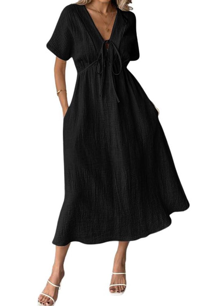 Limited time sale🔥Women's V-Neck Tie Waist Short Sleeve Midi Dress with Pockets