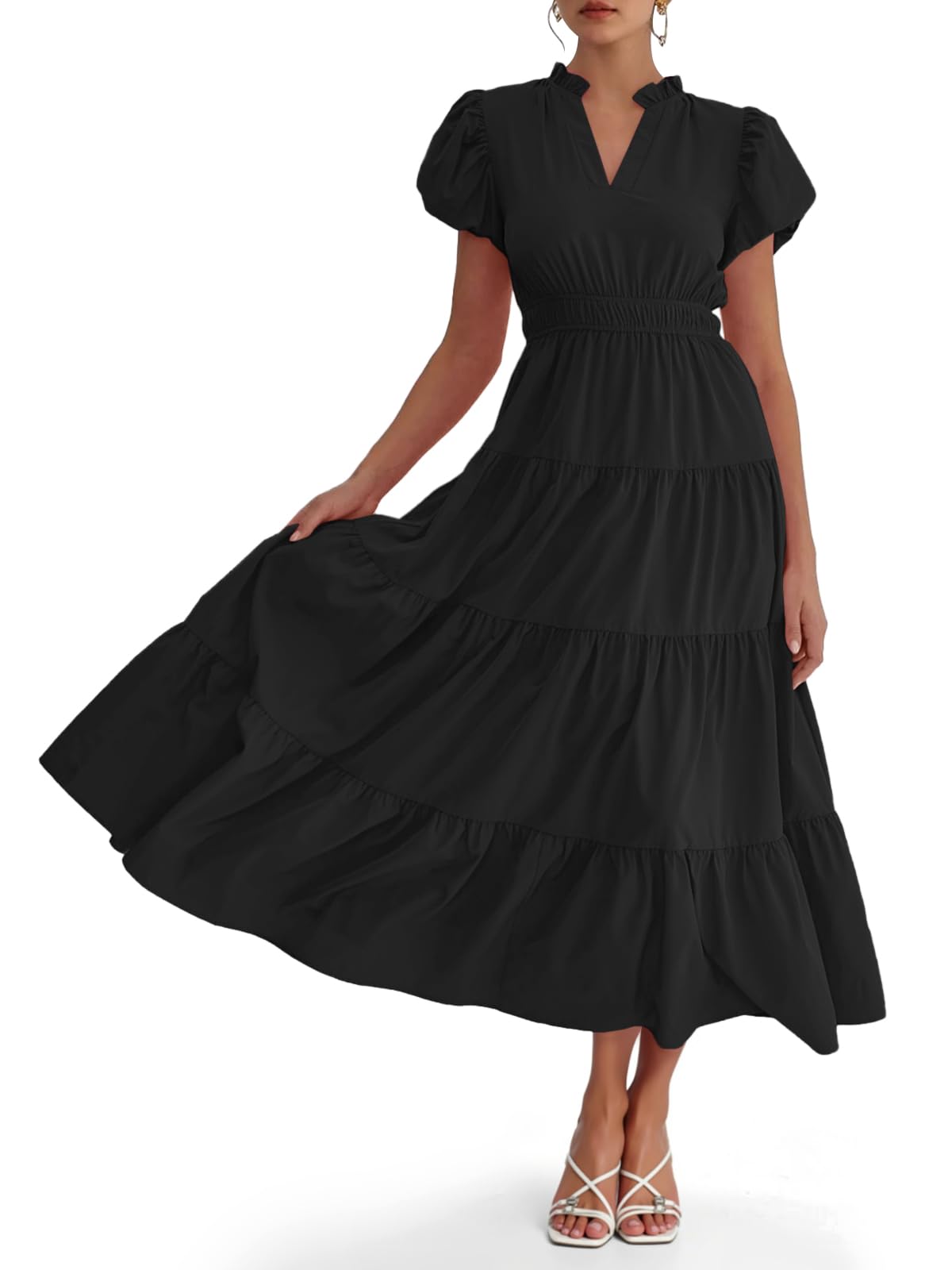 Limited time sale🔥Puff Short Sleeve V Neck Flowy Tiered Beach A-Line Dresses