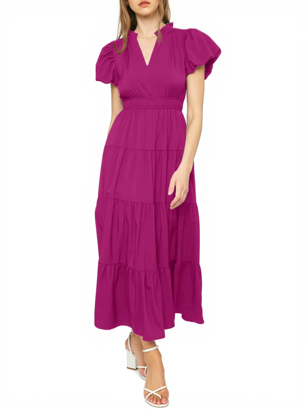 Limited time sale🔥Puff Short Sleeve V Neck Flowy Tiered Beach A-Line Dresses