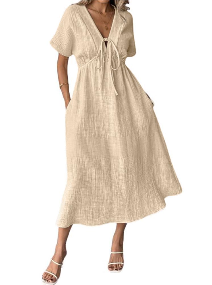 Limited time sale🔥Women's V-Neck Tie Waist Short Sleeve Midi Dress with Pockets