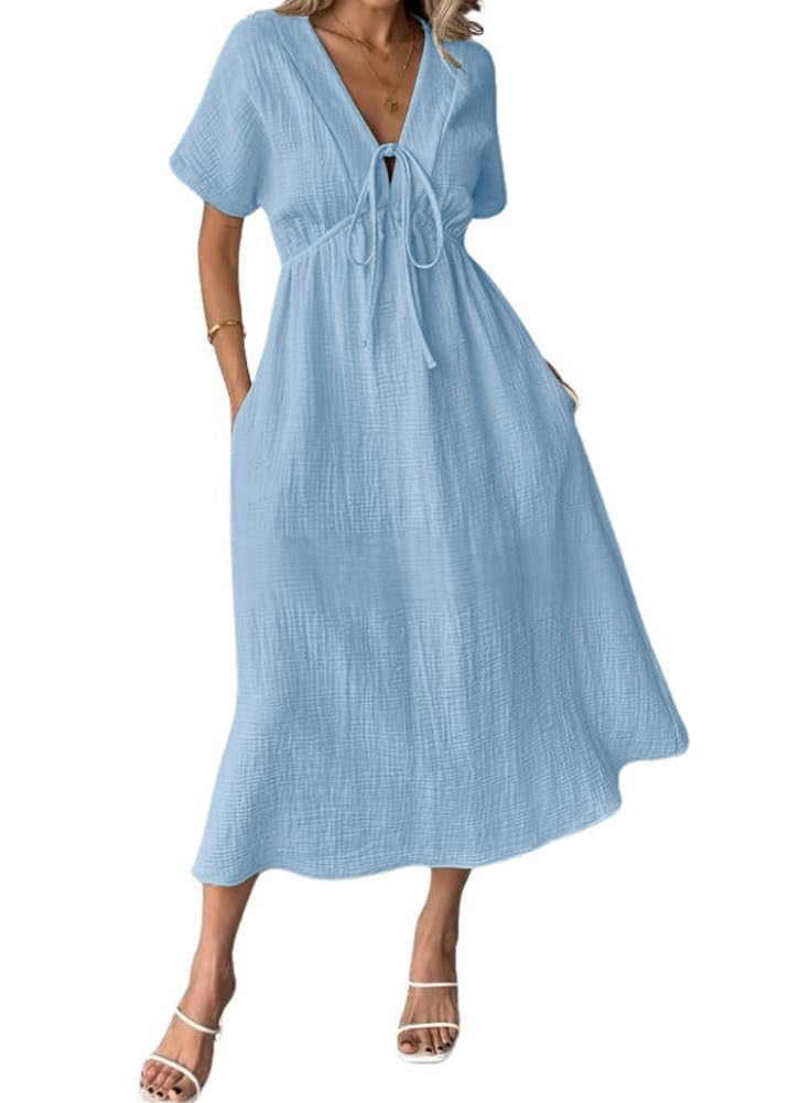Limited time sale🔥Women's V-Neck Tie Waist Short Sleeve Midi Dress with Pockets